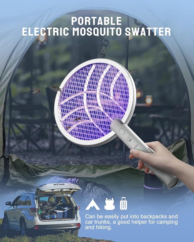 Electric Fly Swatter Racket, Mosiller 2 in 1 Smart Bug Zapper & Power Take Off Generators with USB Rechargeable Base, Powerful Mosquitoes Trap Lamp & Fly Killer for Home, Bedroom(Light Grey(2 Pack))