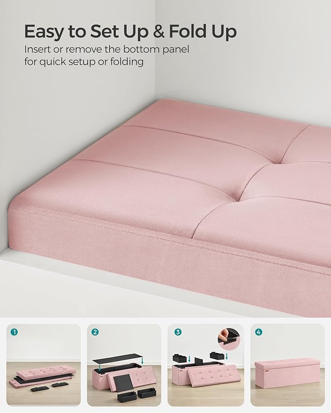 SONGMICS Mazie Collection - Storage Ottoman Bench, Foldable Foot Rest, 15 x 43 x 15 Inches, End of Bed Bench, Storage Chest, Load 660 lb, Living Room, Bedroom, Entryway, Jelly Pink ULSF277R01