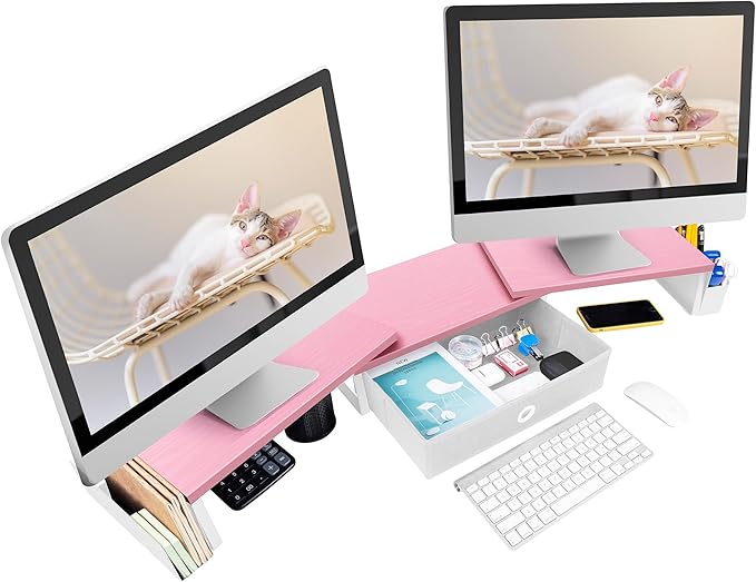 Dual Monitor Stand Riser With Drawer & Metal Leg, Large Desk Shelf For 2 Monitors w/ Adjustable Length & Angle, Desktop Organizer For Laptop/TV/Printer