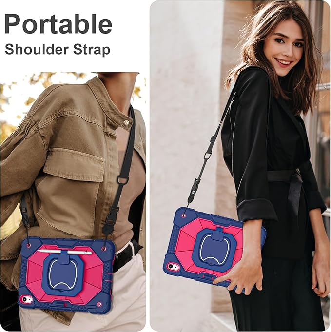 Case for iPad (A16) 11th Generation 11 Inch (2025) / iPad 10th Generation Case 10.9 Inch (2022) with 360° Rotating Stand Screen Protector Pen Holder Shoulder Strap, Navy Pink