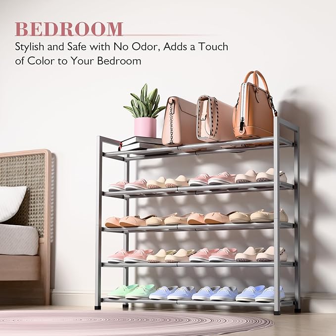Bumusty 5-Tier Expandable Shoe Rack for Closet, 18“-33” Adjustable Shoe Rack for Small Space, Small Shoe Organizer for Front Door, Sturdy Metal, Light Grey