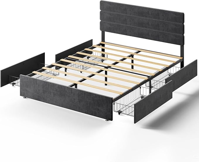 WLIVE Queen Size Upholstered Bed Frame with 4 Drawers and Velvet Square Tufted Headboard, Sturdy Metal & Wooden Slats Support, No Box Spring Needed, Easy Assembly, Dark Grey