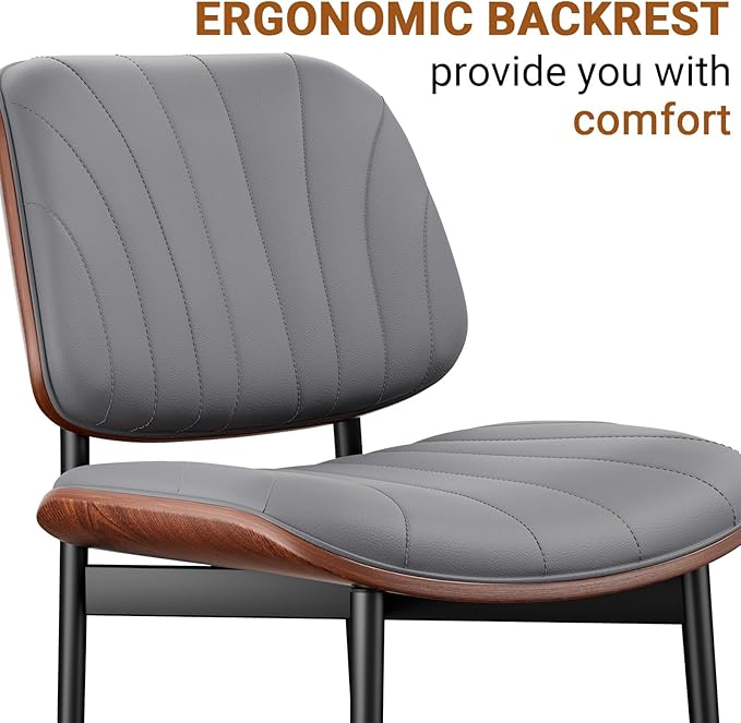 Dining Chairs Set of 4, Mid-Century Modern Upholstered PU Leather Chairs with Walnut Back and Metal Legs Adjustable Feet for Kitchen Dining Room, Dark Gray Shell Strips
