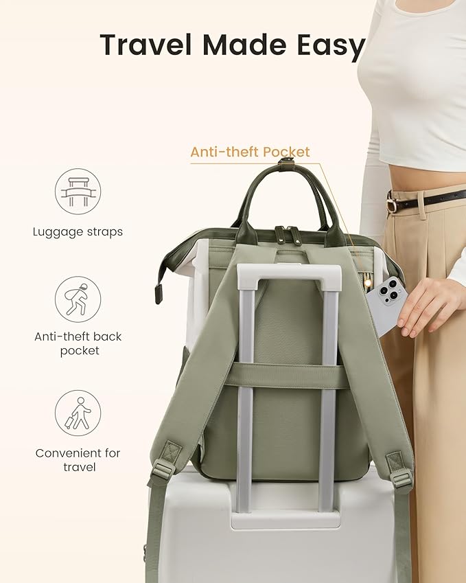 LOVEVOOK Laptop Backpack for Women with Giant Tumbler Holder,18 inch Professional Nurse Teacher Backpack Computer Laptop Bag,Cute Travel Backpack Purse Work College Bag,Beige-Bean green-Army green