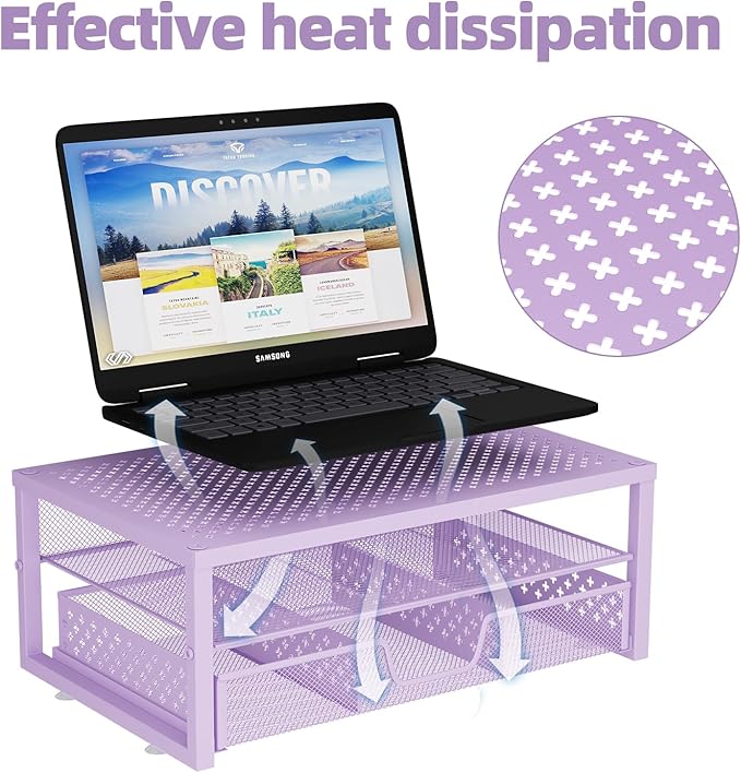 Simple Trending Metal Monitor Stand Riser and Computer Desk Organizer with Drawer for Laptop, Computer, iMac, Purple