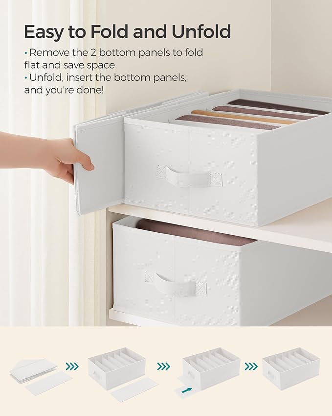 SONGMICS Set of 6 Large Size Wardrobe Clothes Organizers, 6-Compartment Foldable Drawer Organizers with Handles, 16.5 x 11.8 x 6.7 Inches, for Pants, Sweaters, Jeans, Cloud White URUS009W03
