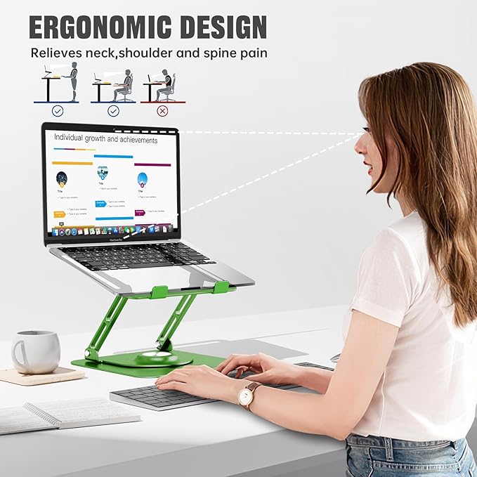 Laptop Stand for Desk, Adjustable Computer Stand with 360° Rotating Base, Ergonomic Laptop Riser for Collaborative Work, Foldable & Portable Laptop Stand, fits for All 10-16" Laptops (Green)