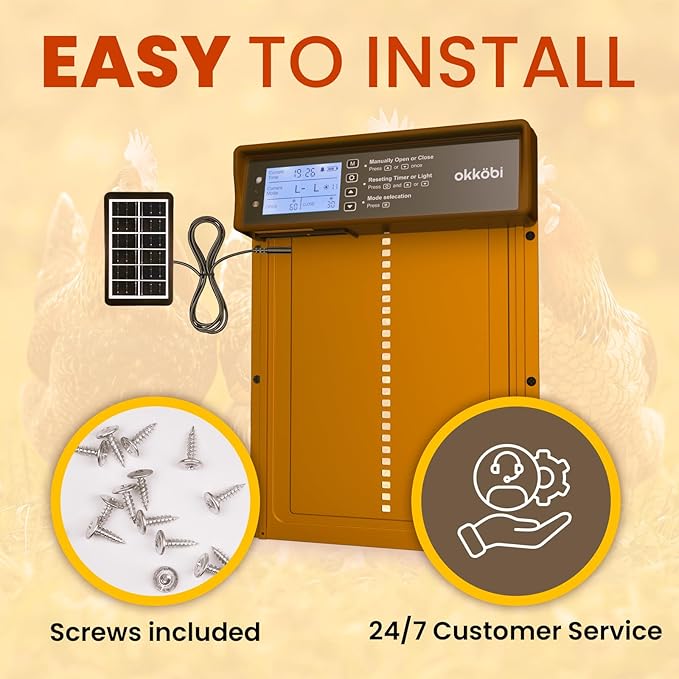 Okkobi Automatic Chicken Coop Door Solar Powered - LCD Display - Chicken Coop Door with Remote Control, Light Sensor & Timer - Security & Peace of Mind: Anti-Pinch function - 5-Year Protection - Brown