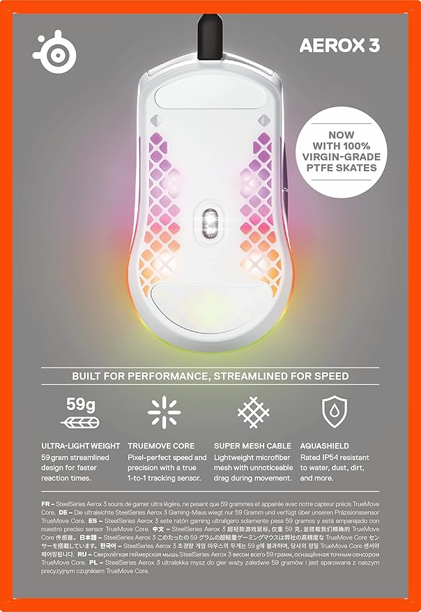 SteelSeries Aerox 3 - Holey RGB Gaming Mouse - Ultra-lightweight Water Resistant Design - 8,500 DPI TrueMove Core Optical Sensor - Snow