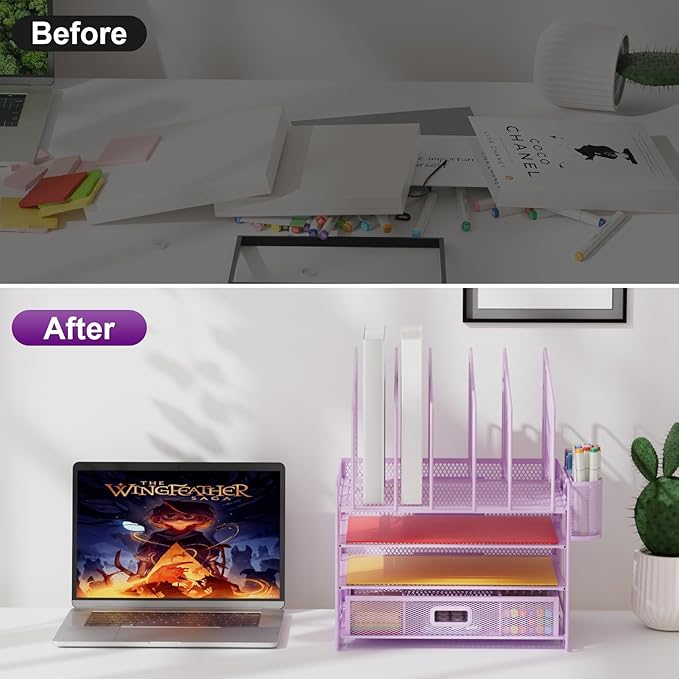 Marbrasse Desk Organizers, 4-Tier Mesh Desk File Organizer with 5 Vertical File Holders and 2 Pen Holders, Multifunction Desktop Organizer,Desk Organizers and Accessories for Home Office (Purple)