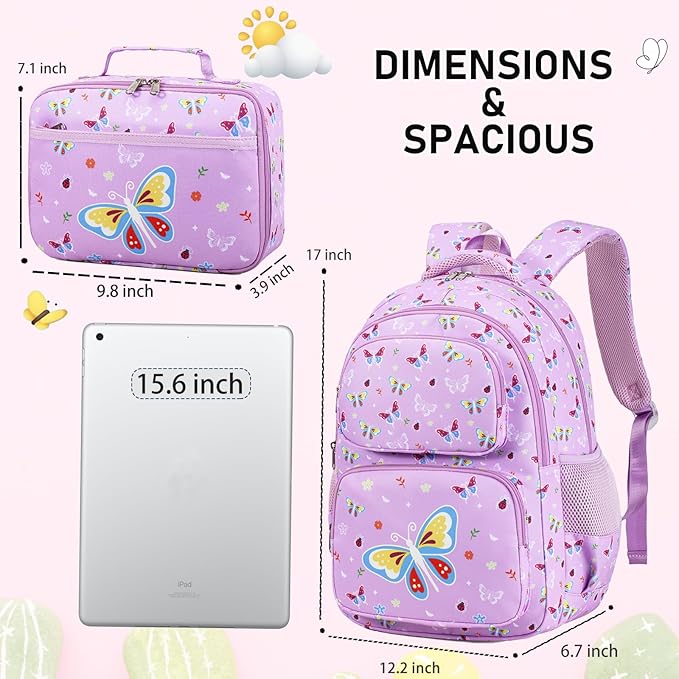 Girls Backpack with Lunch Box Glow in Dark Butterfly Bookbag Teens Ages 4-12 Kindergarten Elementary Middle School Butterfly Backpack, Luminous Butterfly Purple