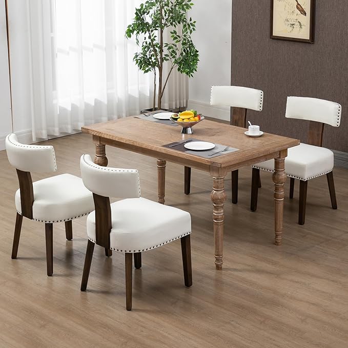 Upholstered Wooden Farmhouse Dining Chairs Set of 6, Mid-Century Modern Fabric Dining Room Chairs with Wood Legs, Curved Backrest Kitchen Chair Armless for Kitchen/Restaurant/Cafe, Beige