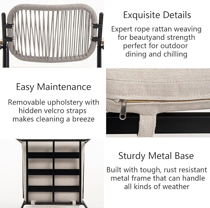 Outdoor Dining Chairs Set of 4, Wicker Patio Dining Chairs with Removable Cushions, Rectangle Patio Table Chair, All Weather Outdoor Chairs, Metal Lawn Chair for Adults/Indoor/Deck, Beige