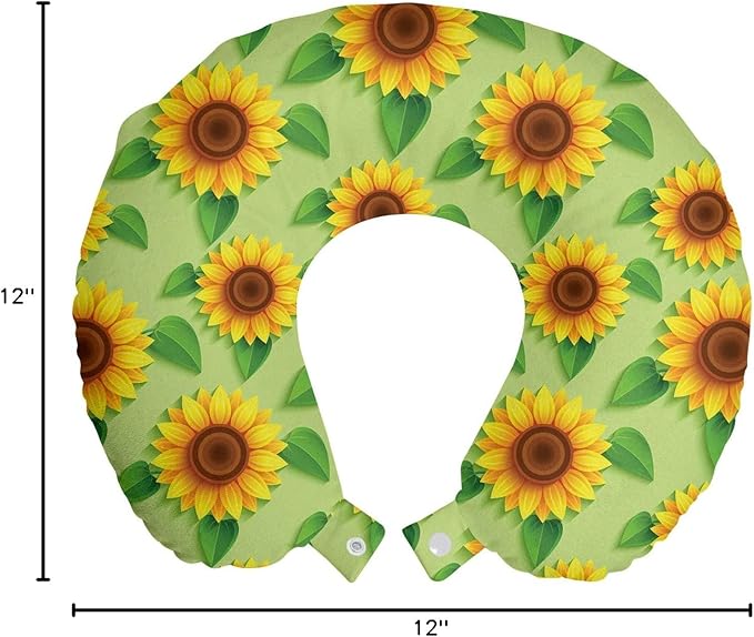 Ambesonne Floral Yellow Travel Pillow Neck Rest, Sunflowers with Leaves Summer Vibes, Memory Foam Traveling Accessory for Airplane and Car, 12", Pistachio Green Redbrown