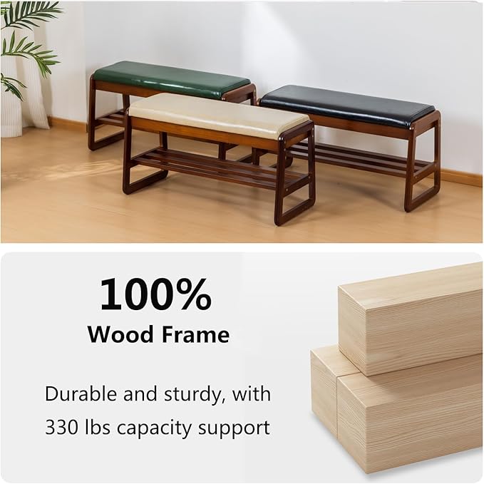 SOBIBO Solid Wood Shoe Bench, 2-Tier Entryway Bench with Cushion and Flip-Open Storage Box, Mid-Century Modern Shoe Bench Rack for Hallway, Mudroom(Green, 39.4'')