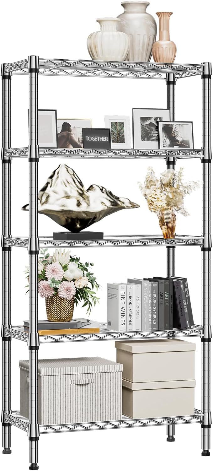 1250 lbs 5 Tier Shelf Metal Storage Shelves Shelving Wire Rack Heavy Duty Closet Organizers for Garage Kitchen Bathroom Laundry Chrome 13.8" D x 29.5" W x 59.5" H
