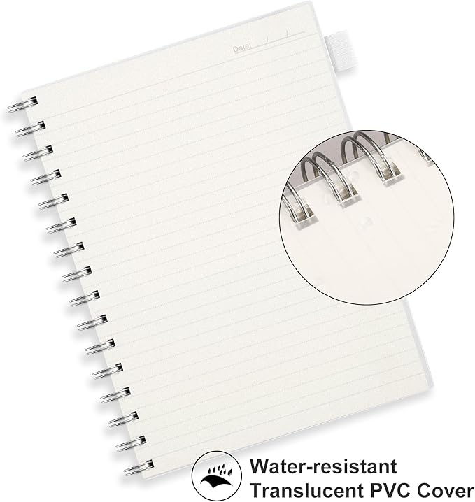 RETTACY Spiral College Ruled Notebook, 300 Pages, A5 Medium Size (5.7" x 8.2"), for School, Work, Writing, Journaling, 100 GSM Thick Paper, Flexible Plastic Cover (Transparent)