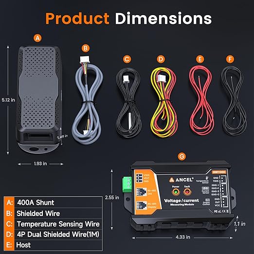 ANCEL BM1000 Bluetooth Battery Monitor with 400A Shunt, Wide 10-120V Range Smart Battery Meter, Real-Time Voltage Current SOC Tracking, Compatible with RV, Solar, Marine & Off-Grid Systems