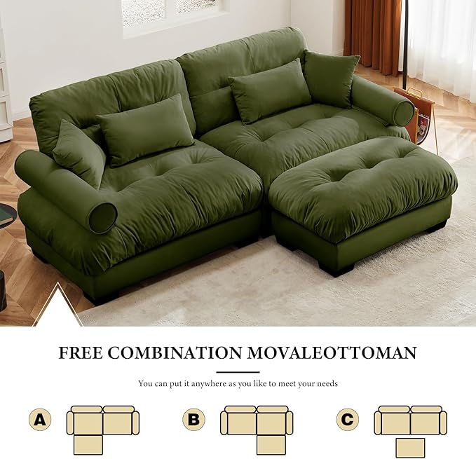 93.7" Loveseat Sofa, 2 Seater Modular Sectional Sofa, Olive Large L Shaped Sectional Couches for Living Room, Fluffy Couch, Love Seat, Velvet Cloud Couch with Ottoman, Deep Seat Sofas for Living Home
