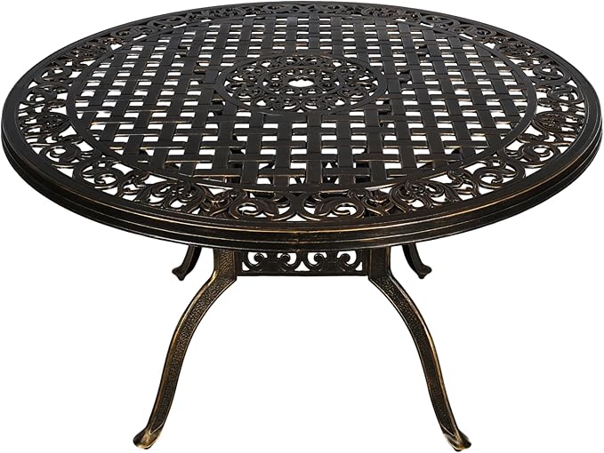 48" Round Patio Table for 6 Person Cast Aluminum Bistro Table with Umbrella Hole,Metal Patio Table Outdoor Bistro Dining Table for Garden,Bronze