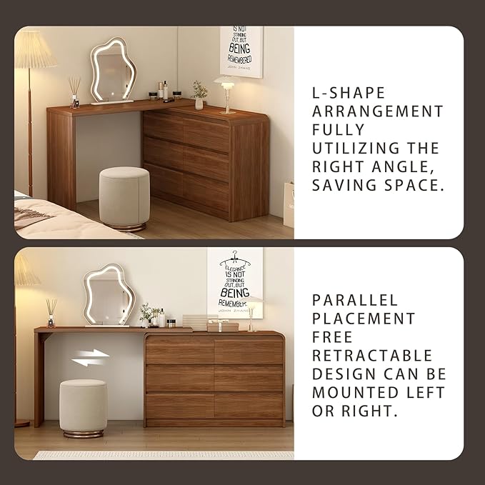 Makeup Vanity Desk with Cloud HD Lighted Mirror, 50-94in Extendable Modern Vanity Table Set with Chair, 6-Drawer Storage Cabinet with Rounded Corners (Vanity1)