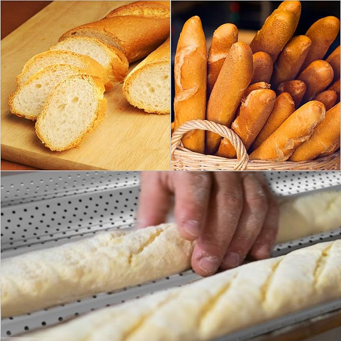 Tiawudi 2 Pack Nonstick Perforated Baguette Pan 15" x 13" for French Bread Baking 4 Wave Loaves Loaf Bake Mold Oven Toaster Pan (Silver)