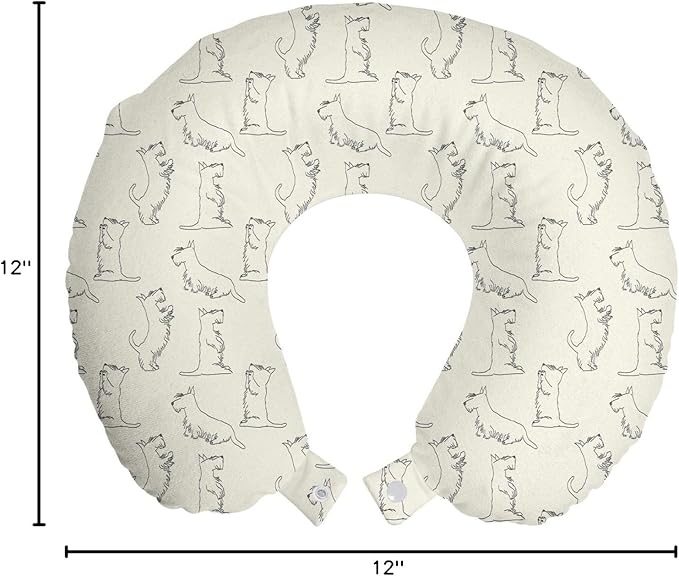 Ambesonne Scottie Dog Travel Pillow Neck Rest, Hand-Drawn Tiling Sketched Pattern of Playful Animals Different Poses, Memory Foam Traveling Accessory for Airplane and Car, 12", White Dust