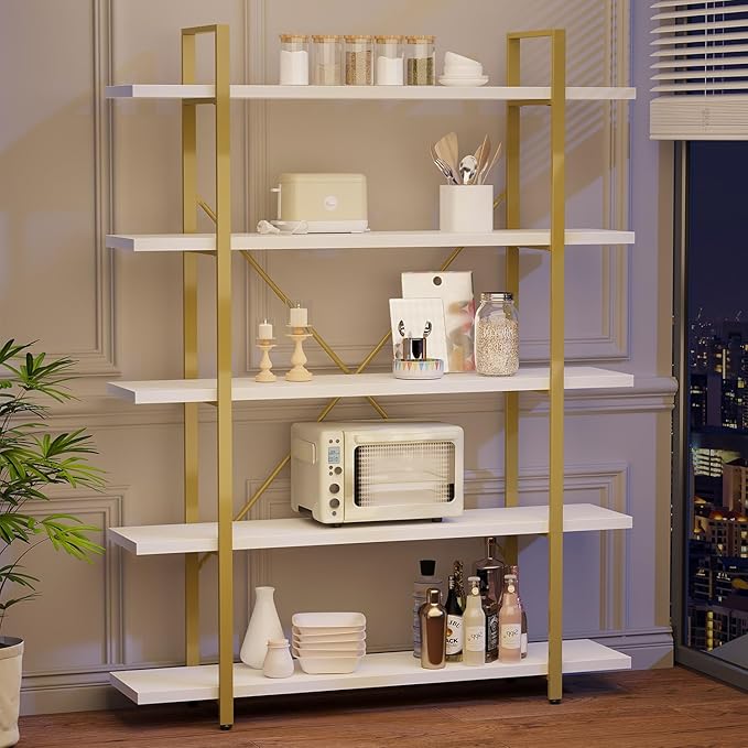 HSH 5 Tier White and Gold Bookshelf, Tall Storage Bookshelves for Bedroom Living Room Office, Metal and Wood Large Book Shelves, Modern Vertical 5 Shelf Bookcase, Farmhouse Big Open Display Book Shelf