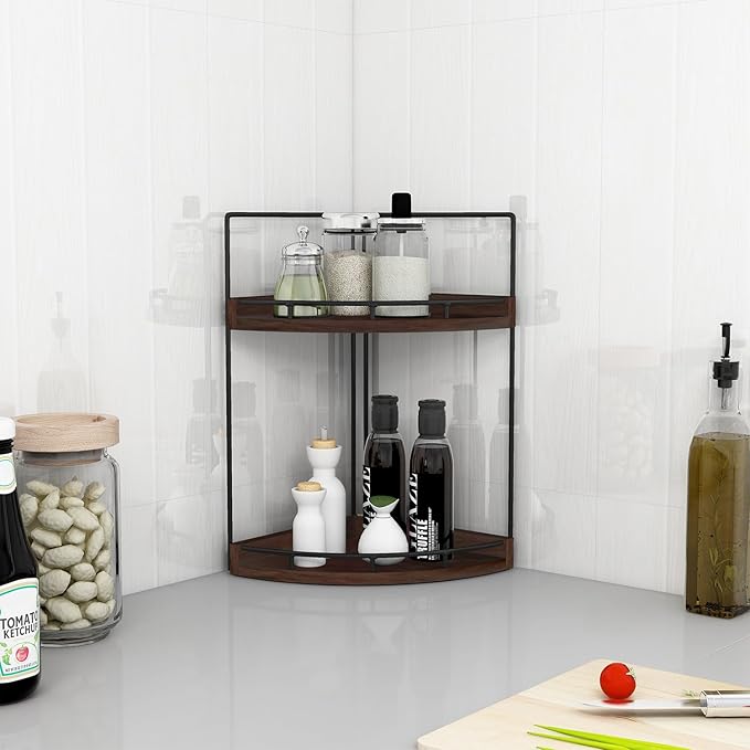 Dorhors 2-Tier Bathroom Counter Organizer,Vanity Counter Corner Shelf, Skincare, Wood Countertop Bathroom Storage and Organization for Kitchen (Walnut)