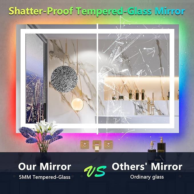 YEELAIT 48x38 Inch RGB LED Bathroom Mirror Front Light and RGB Backlit Lighted Vanity Mirror for Bathroom Wall Mounted Dimmable Anti Fog Memory Shatter-Proof IP54 Waterproof Horizontal/Vertical