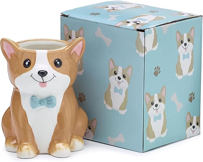 Burton Corgi Coffee Mug with Gift Box, Brown Porcelain Ceramic Cup with Handle, 10 oz Capacity