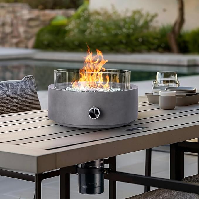 Propane Table Top Fire Pit for Outside Patio,14-inch Tabletop Fireplace Bottom-Mounted for Table with Umbrella Hole- Grey