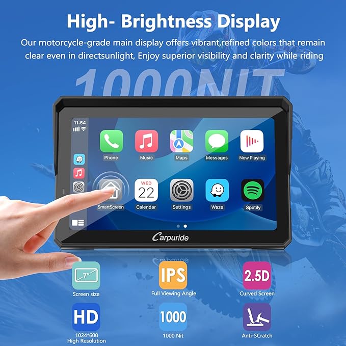 CARPURIDE W702BS PRO for BMW Motorcycle CarPlay & Android Auto Dual Bluetooth, 7" Waterproof GPS Navigation Screen, Data Reading, Native Wonder, TPMS, Light Sensor, Music Sharing, Intercom,16-Pin