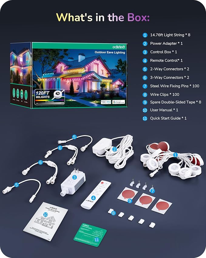 EDISHINE 120ft Smart Permanent Outdoor Eave Lights, 80 LED RGB+IC+Warm/Cool White Christmas Light, App & Remote Control, 50 Scene Modes IP67 Waterproof for House Year-Round Decor, Alexa Google Enable