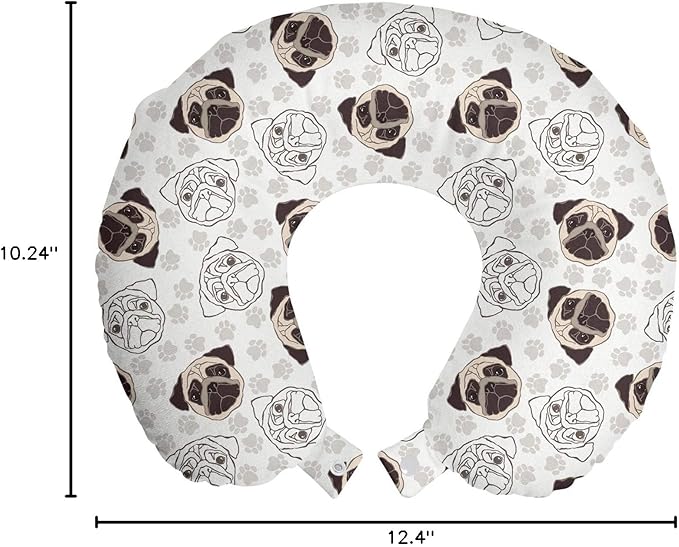 Ambesonne Dog Travel Pillow Neck Rest, Pug Portraits Traces Paw Print Background Canine Pet Illustration Mammal Animal, Memory Foam Traveling Accessory for Airplane and Car, 12", Beige Brown Tan