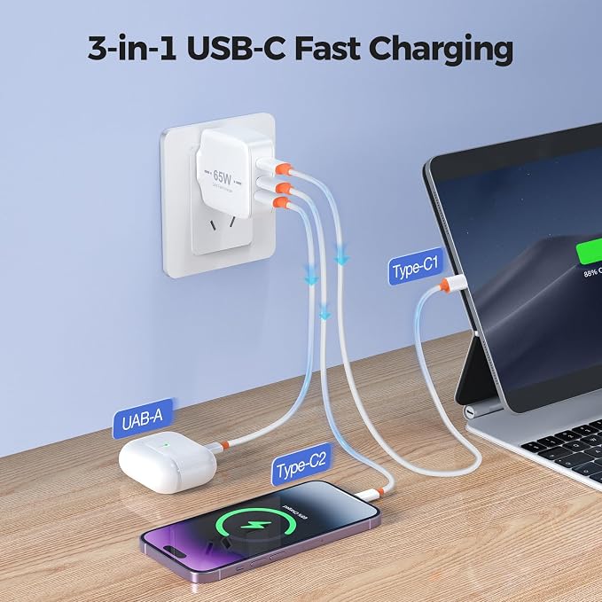 65W USB C Charger TRYTHINK 3-Port GaN PD Fast Charge Foldable Compact Fast Wall Charger Compatible with iPhone 1514 Pro MacBook Samsung Laptop Android Devices (Cable Not Included)