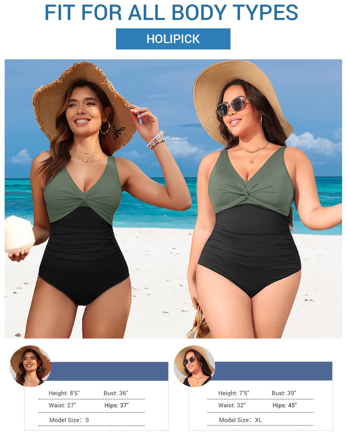 Holipick Green and Black Tummy Control One Piece Swimsuit Full Coverage Bathing Suit L