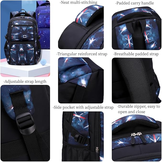 MITOWERMI Boys Backpacks for Primary Junior School Kids Backpack with Lunch Box Galaxy Space Bookbags for Boys Girls