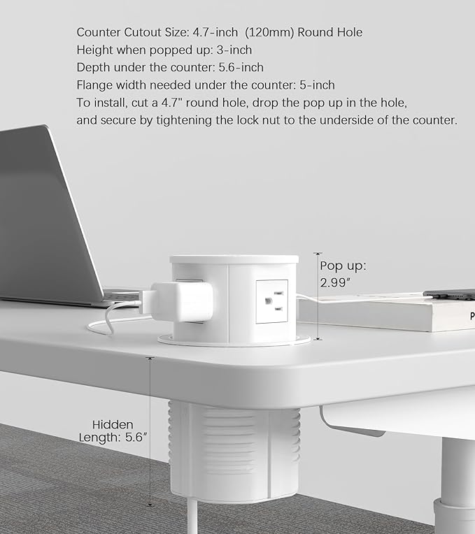 Pop up Outlet for Countertop with Wireless Charger,45W USB C Port, 4.7'' Diameter Round Pop Up Counter Outlet with AC Outlets,USB Ports,Hidden Outlet,Pop Out Outlet