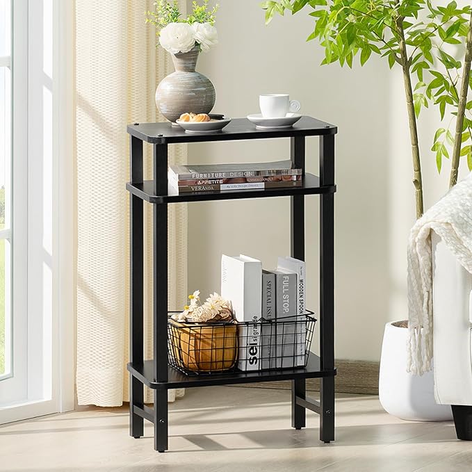 28in Tall Side Table Set of 2, 3-Tier Small Narrow End Table for Couch, Skinny Nightstand for Small Space, Farmhouse Slim Night Stand with Storage, Wooden Frame Thin Bedside Table, Black