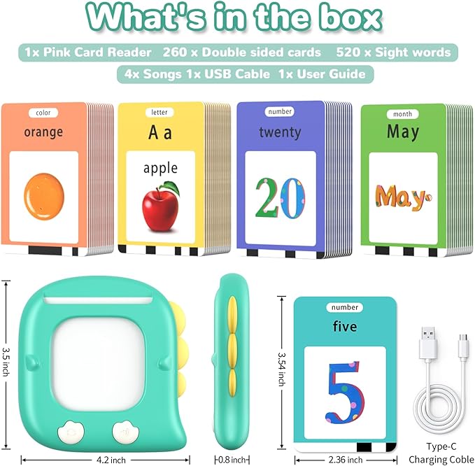 Kidzdo Talking Flashcards for Toddlers 1 2 3 4 5 6 Years Old, 520 English Sight Words Educational Toy, Pocket Speech Language Toys, Autism Toys for Kids 1-6, Birthday Gifts for Boys and Girls, Green