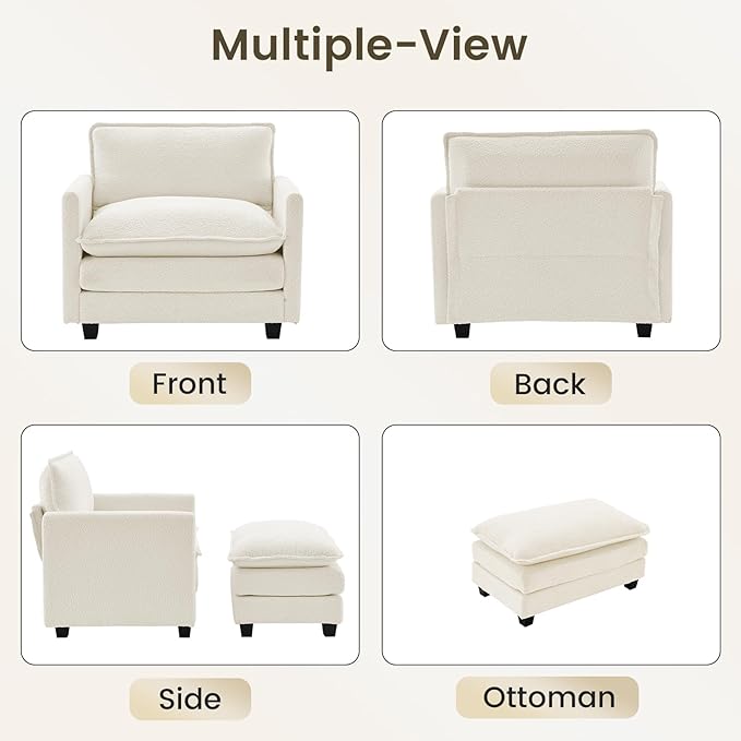 ROWHY Convertible Sectional Couch with Ottoman, Single Armchair with armrests, Modern Living Room Furniture Set, Small Couches for Small Spaces, for Living Room, Chenille, Beige