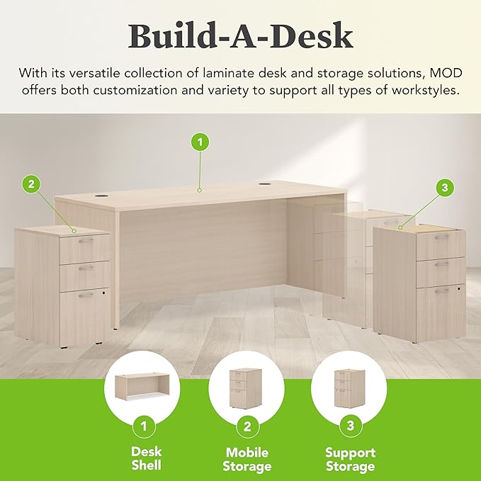 HON MOD Executive Desk 72-Inch Large Computer Desk Shell, Thick Wooden Laminate, Modern Table with Cord Management, 72" W x 30" D x 29" H, Desert Oak
