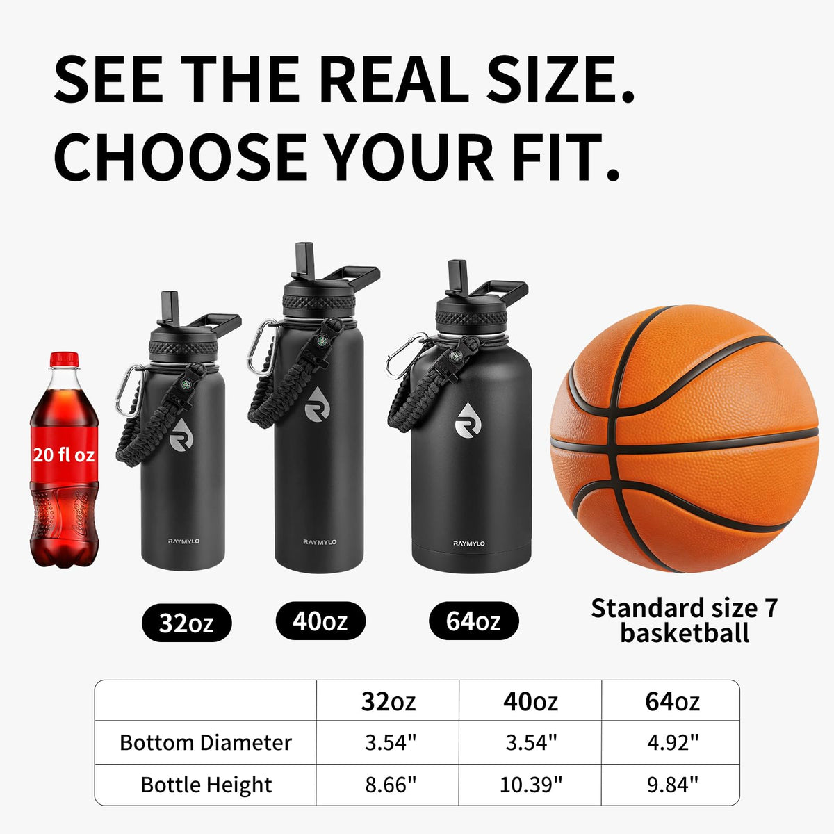 RAYMYLO Insulated Water Bottle 32 oz, Triple Wall Vacuum Stainless Steel (Cold for 24Hrs, Hot for 12Hrs), Leak Proof & Non-BPA, Modern Water Flask Jug with Paracord Handle & Straw Spout Lids