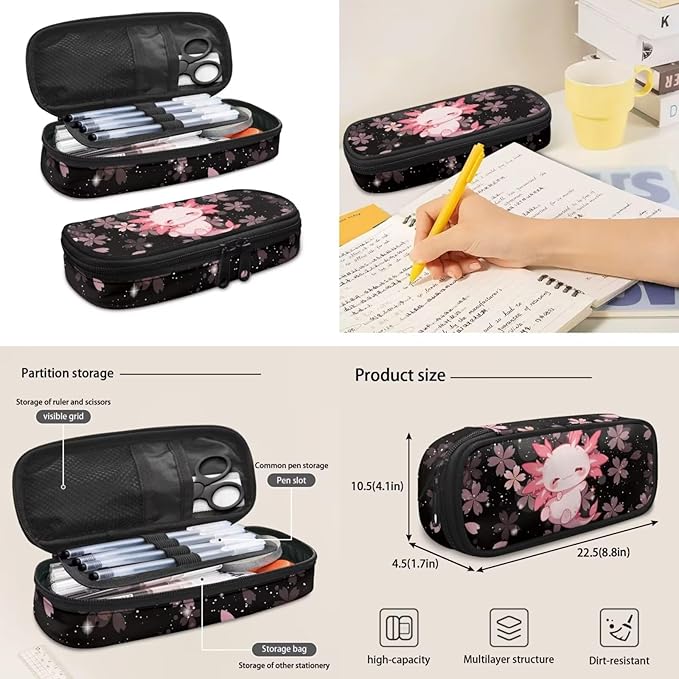 Cherry Blossom Axolotl Backpack for Girls with Lunch Box Pencil Purse 4pcs/set Kids School Bag 1st 2nd 3rd Grade Bookbag Kindergarten Schoolbag Middle School Water Bottle Sleeve