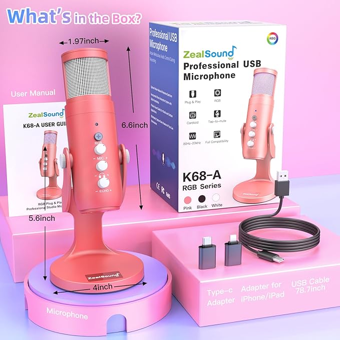 ZealSound USB Gaming Microphone for iPhone PC Type C Phone,Noise Cancellation,K66 RGB Condenser Mic with Controllable Led Lights,Echo,Touch Mute,Monitor,Gain for Podcast,Gaming,Podcasting,ASMR (Pink)