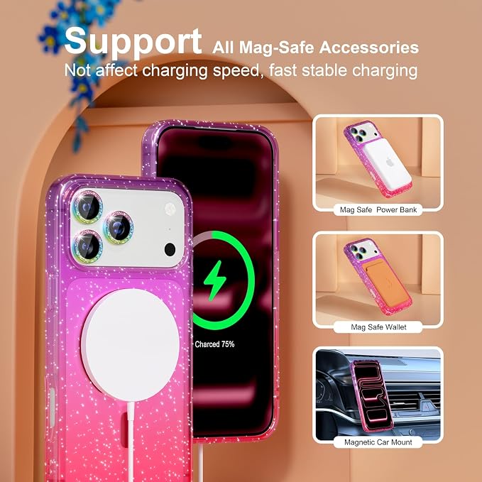 Choiche for iPhone 15 Pro Max Case Compatible with MagSafe Glitter Black | Women Girly Cute Glitter Sparkly Magnetic Phone Case with Diamond Camera Lens Protectors Military-Grade Drop Protection 6.7