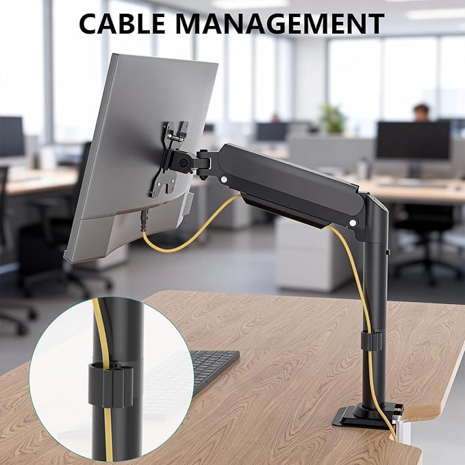WALI Single Monitor Arm Mount for up to 32 inch Screens, Gas Spring Stand with Full Motion Tilt Swivel Rotation, Holds 19.8 lbs, VESA 75/100, C-Clamp & Grommet Mount (GSDM001S)
