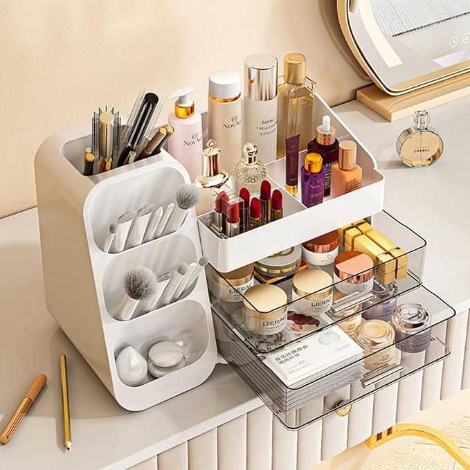 Makeup Organizer with Drawers,Large Capacity Countertop Organizer for Vanity,Bathroom and Bedroom Desk Cosmetics Organizer,Easy To Storage Skincare,Brushes, Eyeshadow, Lotions, Lipstick (White)