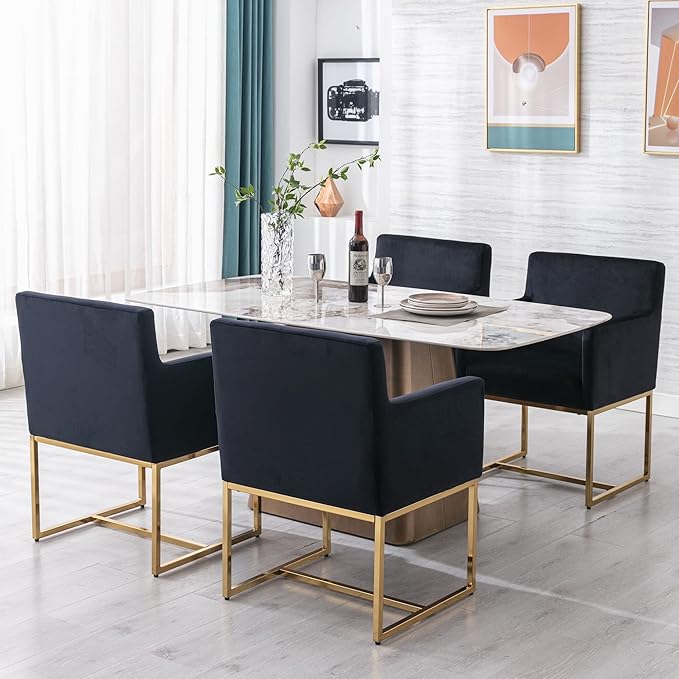 Set of 2 Upholstered Velvet Dining Chairs with Armrest, Mid Century Modern Accent Armchairs, Modern Kitchen & Dining Room Chairs with Gold Frame, Black